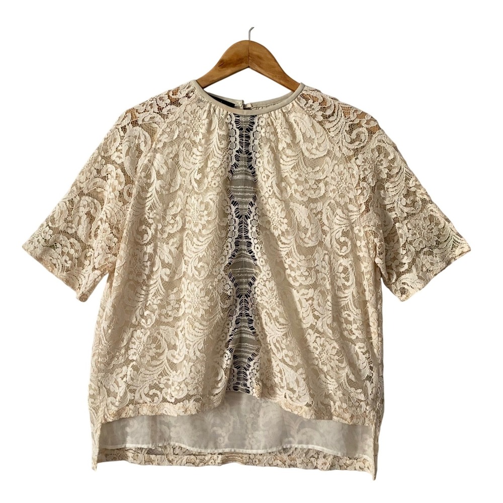Ivory‎ Sz Sm Lace Short Sleeve Blouse High Low Keyhole Back Victorian Chic